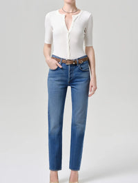 Full length view of the Citizens of Humanity Wren Cardigan in Pashmina styled with straight jeans.