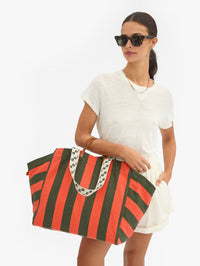 CLARE V. Beach Tote - Canvas Stripe in Army/Bright Poppy – Image 2
