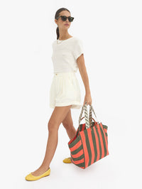 CLARE V. Beach Tote - Canvas Stripe in Army/Bright Poppy – Image 4
