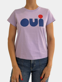 Front view of the Oui Cut-Out Classic Tee in jacaranda by CLARE V. with geometric logo