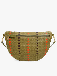 Front view of the Woven Checker Stripe Grande Fanny in Olive Multi by Clare V. with red and brown woven details