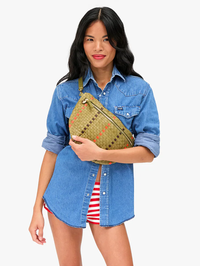 Front view of the Woven Checker Stripe Grande Fanny in Olive Multi by Clare V., styled with a denim shirt