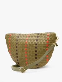 Front view of the Woven Checker Stripe Grande Fanny in Olive Multi by Clare V. with colorful woven pattern