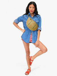 Front view of the Woven Checker Stripe Grande Fanny in Olive Multi by Clare V., styled with a denim shirt