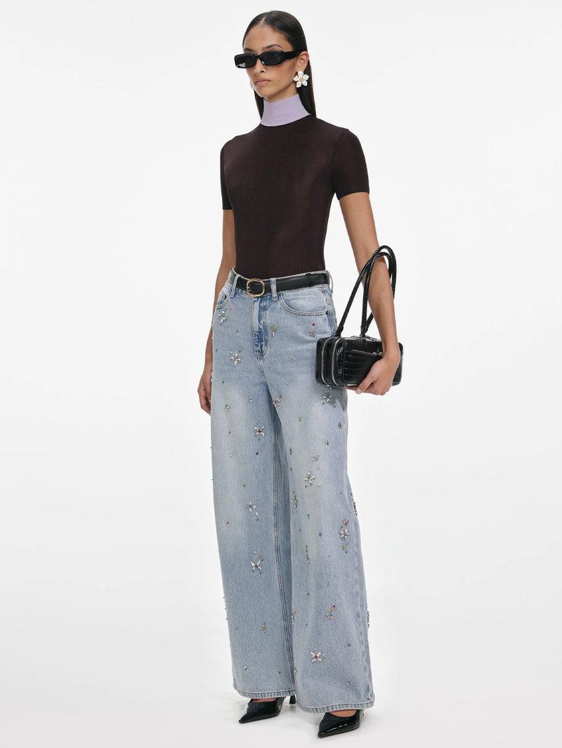 Light Blue Embellished Wide Leg Jeans