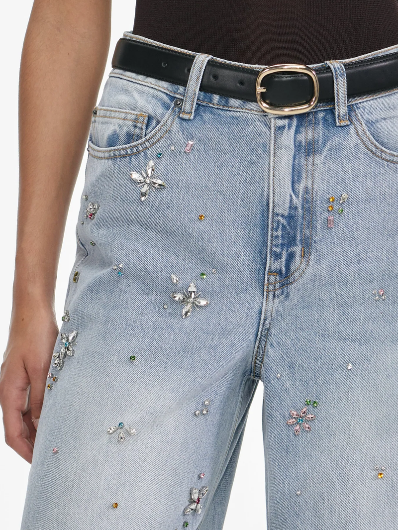 Light Blue Embellished Wide Leg Jeans