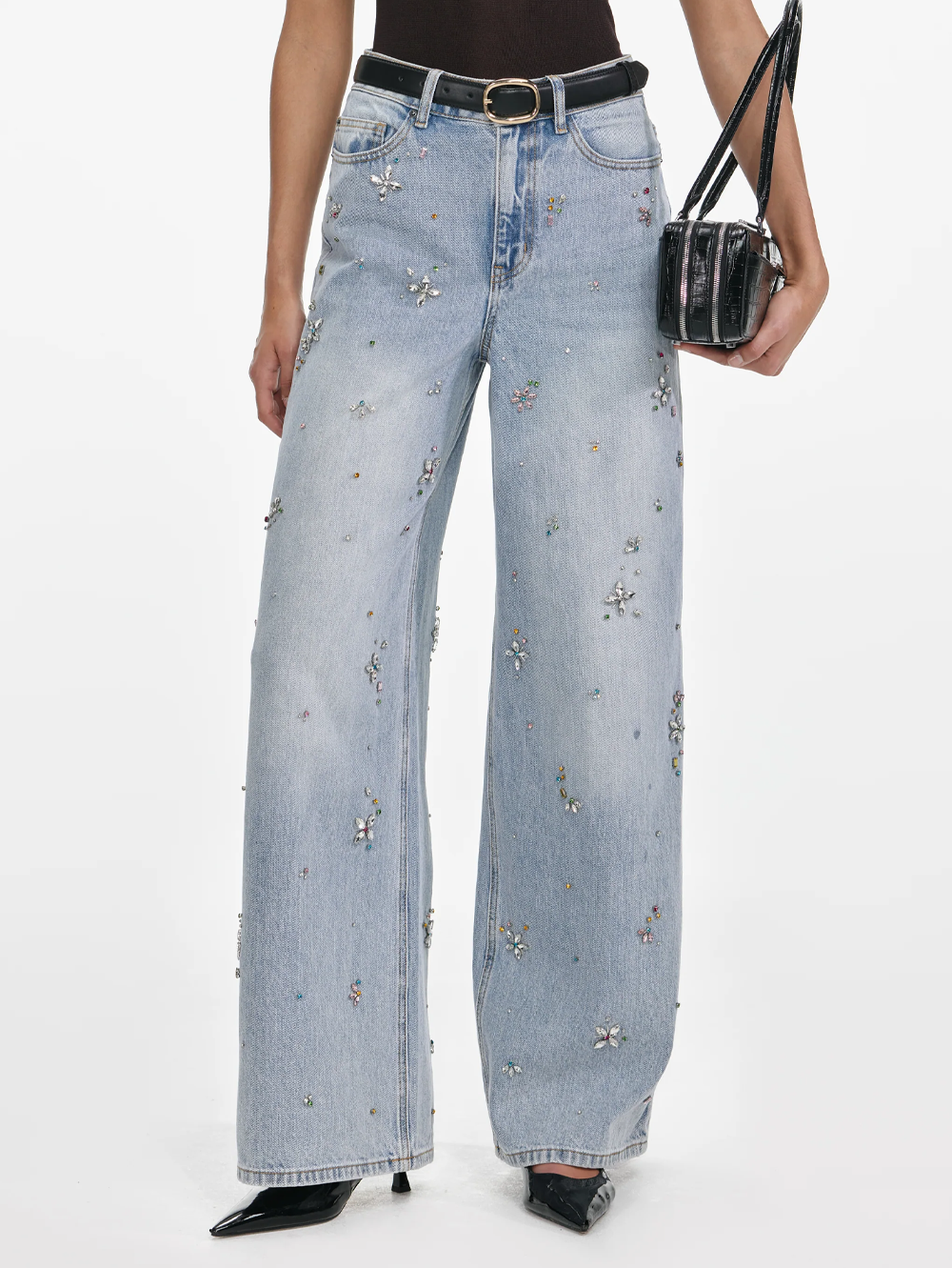 Light Blue Embellished Wide Leg Jeans