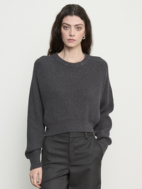 Front view of the Cotton Cashmere Raglan Sweater in charcoal by Enza Costa