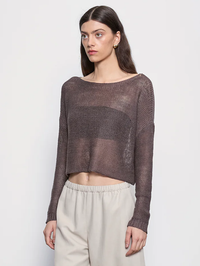 Linen Open Knit Bateau Sweater in Pebble by ENZA COSTA - View 3