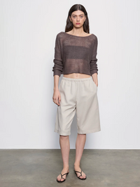Linen Open Knit Bateau Sweater in Pebble by ENZA COSTA - View 4