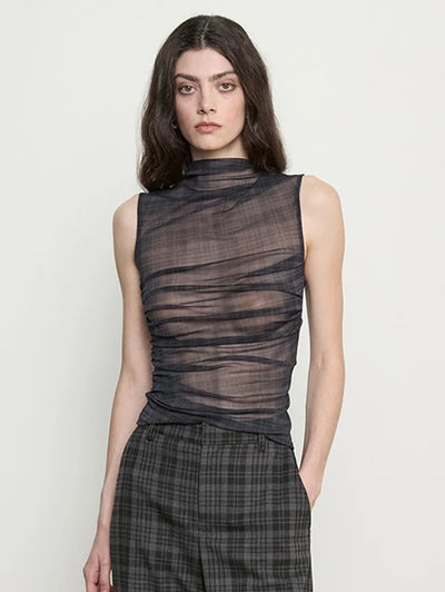 Mesh Sleeveless Twist Top in Shadow Plaid