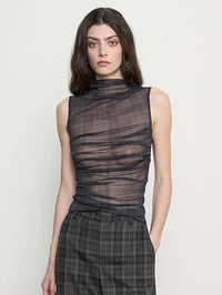 Close front view of the ruched bodice and high neck on the Enza Costa Plaid Mesh Sleeveless Twist Top in Shadow Plaid.