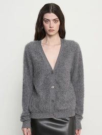 Close front view of the Enza Costa Mink Wash Cashmere Cardigan in Pewter showing the V-neck and buttons.