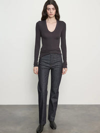 Front view of the Enza Costa Fluid Silk Rib Essential U Top in Phantom, a long sleeve ribbed top with U neckline.
