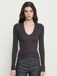 Close front view of the Enza Costa Fluid Silk Rib Essential U Top in Phantom showing the U neckline.
