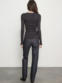 Back view of the Enza Costa Silk Rib Essential U Top in Phantom showing the center back seam.