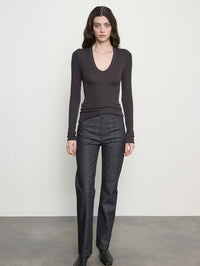 Full front view of the Enza Costa Fluid Silk Rib Essential U Top in Phantom with dark straight leg denim.
