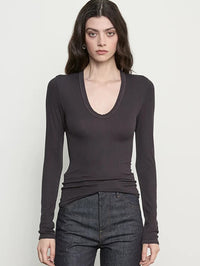 Close front view of the U neckline on the Enza Costa Silk Rib Essential U Top in Phantom silk rib.