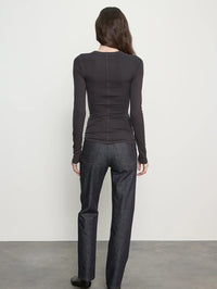 Back view of the Enza Costa Fluid Silk Rib Essential U Top in Phantom showing the center back seam.