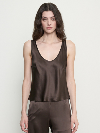 Silk Satin U Tank in Olive Bronze