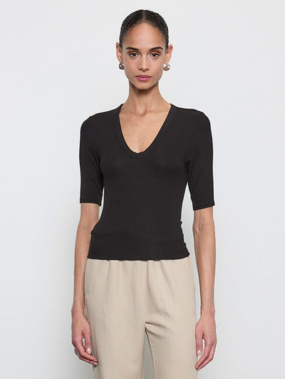 Stretch Silk Knit Half Sleeve U in Black