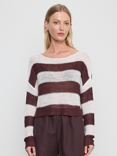 Stripe Linen Bateau Sweater in Black Orchid/White