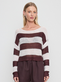 ENZA COSTA Stripe Linen Bateau Sweater in Black Orchid/White in Black Orchid/White – Image 1