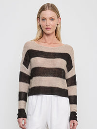 ENZA COSTA Stripe Linen Bateau Sweater in Oatmeal/Black in Oatmeal/Black – Image 1