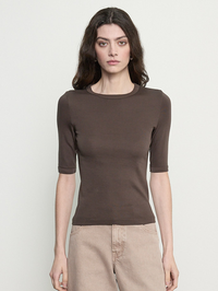 Front view of the Supima Cotton New Classic Half Sleeve Tee in Espresso by Enza Costa