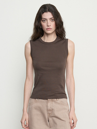 Front view of the Supima Cotton New Classic Sleeveless Tee in Espresso by Enza Costa