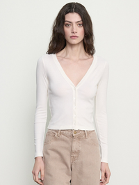 Front view of the Supima Cotton V-neck Cardigan in Cloud by Enza Costa