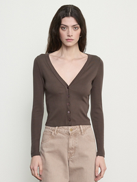 Front view of the Supima Cotton V-neck Cardigan in Espresso by ENZA COSTA