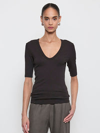 ENZA COSTA Textured Half Sleeve U Neck Tee in Black in BLACK – Image 1