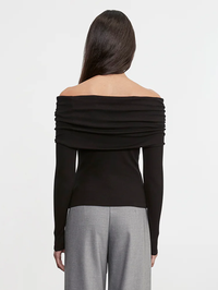 Silk Rib Long Sleeve Off-Shoulder Top in Black