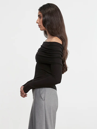 Silk Rib Long Sleeve Off-Shoulder Top in Black