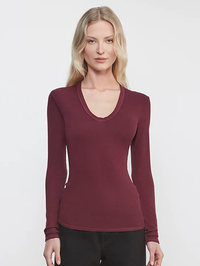 Rib Bold Long Sleeve U Top in Carmine