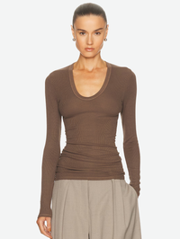 Rib Bold Long Sleeve U Top in Mushroom