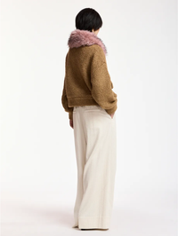 Back view of the Kanada Knitted Jacket with fur collar in Camel Club by Essentiel Antwerp