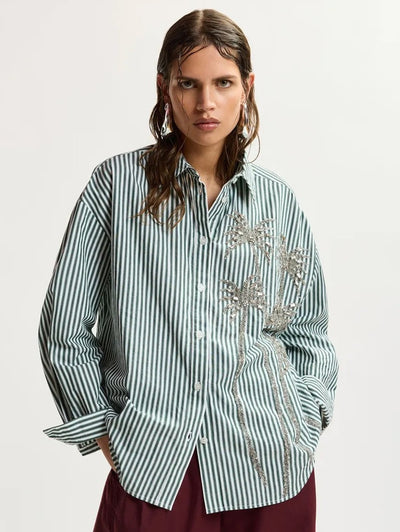 Kasper Sequin Palm Tree Shirt in Bottle Green