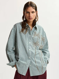 ESSENTIEL ANTWERP Kasper Sequin Palm Tree Shirt in Bottle Green in Bottle Green – Image 2
