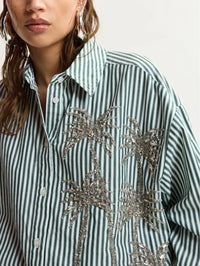 ESSENTIEL ANTWERP Kasper Sequin Palm Tree Shirt in Bottle Green in Bottle Green – Image 3