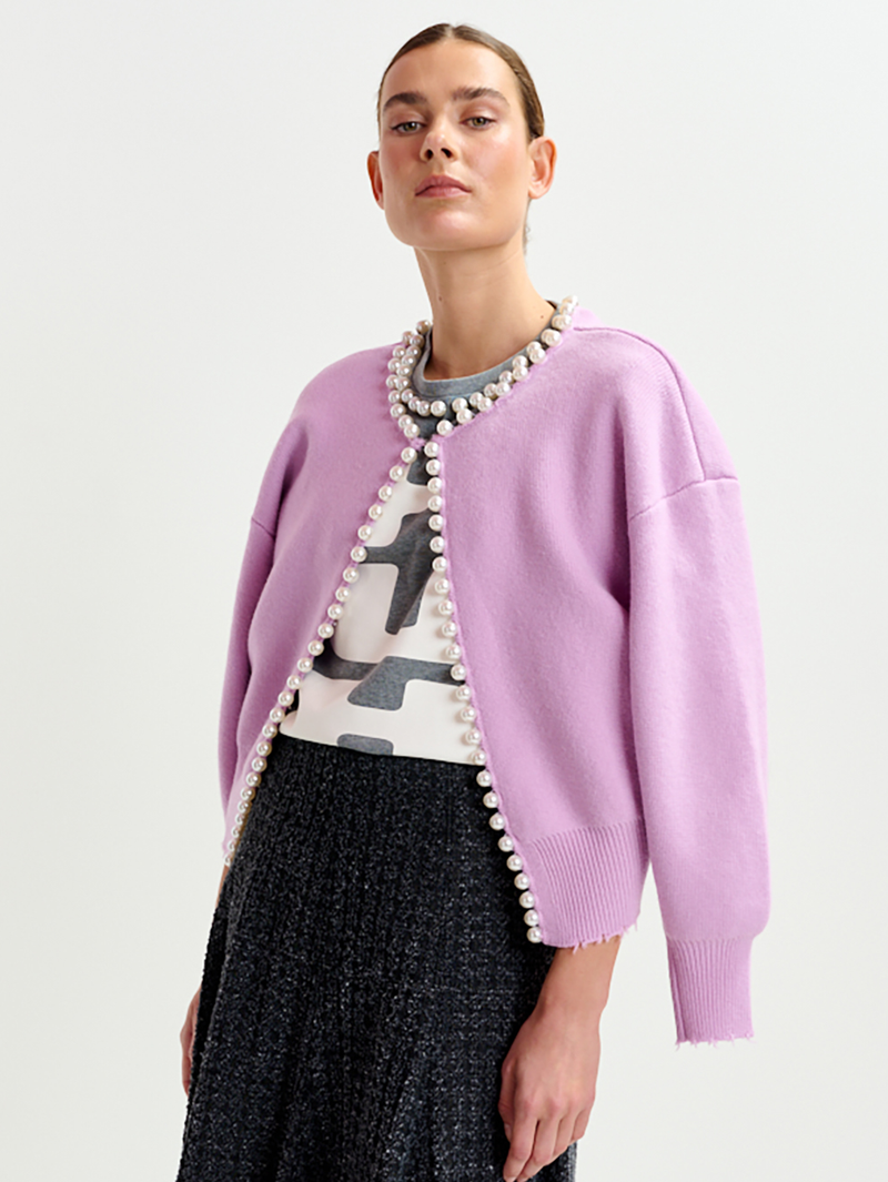Ideas Beaded Pearl Cardigan in Lilac