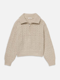 Front view of the FRAME Airy Lurex Quarter Zip sweater in Biscuit showing the open knit and ribbed collar.