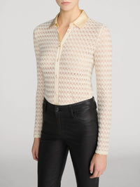 Side view of the FRAME Bubble Stitch Shirt in Cream showing its slim fit and long sleeves