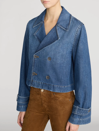 Front view of the Denim Uniform Trench in Girlfriend by FRAME, featuring double-breasted buttons and cuffed sleeves