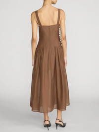 Back view of The Garden Dress in Moss Brown by FRAME with fitted bodice and gathered skirt