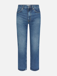 Flat front product shot of the FRAME The Hang mid-rise straight-leg jean in Lucky blue denim.