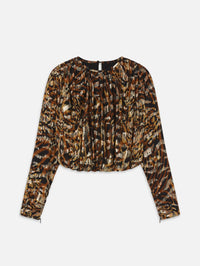 Front flat view of the FRAME Pleated Bubble Top in Abstract Leopard with gathered neckline