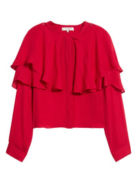 Flat lay of the FRAME Wrap Cape Blouse in Lipstick red silk with tiered ruffle cape and long sleeves.