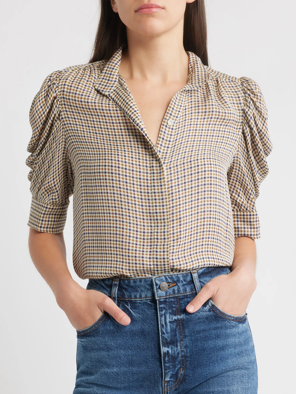 The Houndstooth Gillian Puff Sleeve Silk Top